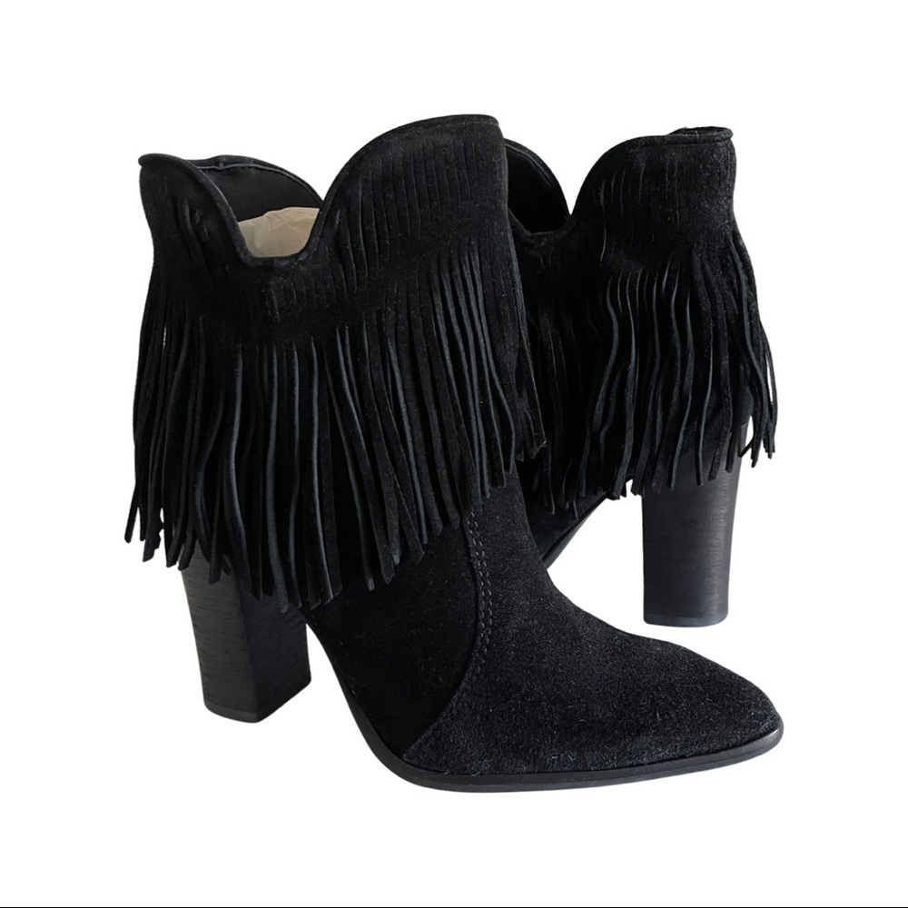 Antonio Melani Felixxe Black Suede Fringe Ankle Boots 6M Pointed Toe Block Heel